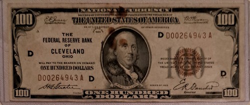 1929 $100 Federal Reserve Bank Of Cleveland Ohio, Serial Number D00264943 A - Picture 1 of 2