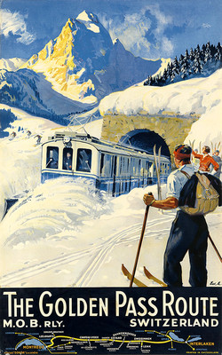 Swiss Ski 1934 Vintage Train Travel Golden Pass Route Giclee Canvas Print 25x40