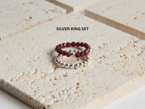A+ Dainty 2-3MM Garnet Faceted Round Gemstone Beads Stretchable Silver Rings Set - Picture 8 of 12