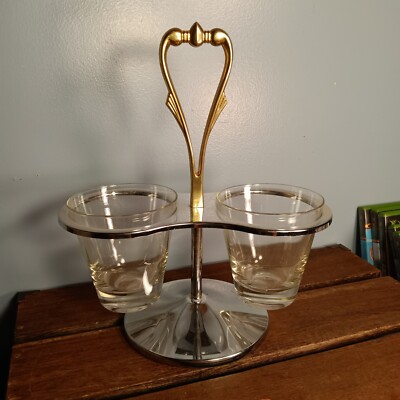 Vintage Kromex Chrome & Brass 3 Piece Condiment Caddy, Handle