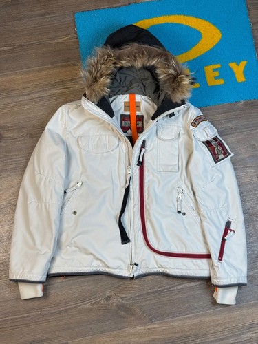 Mens Parajumpers Mountain White Multipocket Insulated Jacket with Fur Size XL