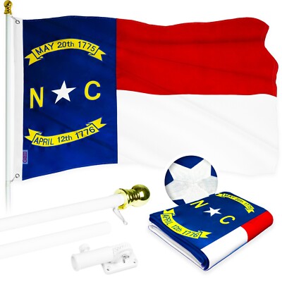 G128 6ft Aluminum Flagpole (White) & North Carolina Flag Embroidered 3x5ft