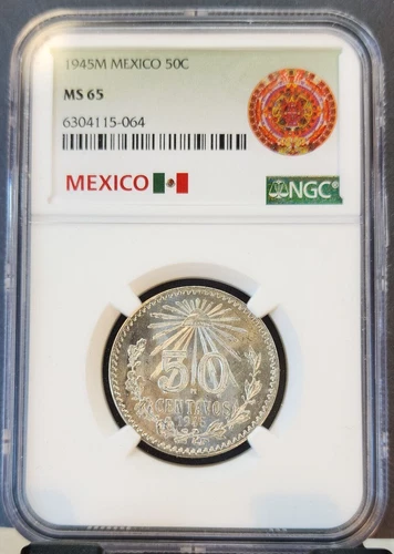 1945 MEXICO SILVER 50 CENTAVOS 50C NGC MS 65 PQ BRIGHT GEM BU BEAUTY