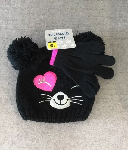 Girls Toddler Cat Kitty HAT & GLOVES SET With Pom Poms Black & Pink NWT