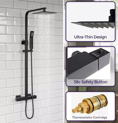 Thermostatic Shower Mixer Square Chrome Bathroom Exposed Twin Head Valve Set - Picture 23 of 28