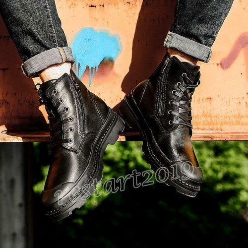 Botas al tobillo para motocicleta con cordones laterales con cremallera exterior senderismo cuero cálidos zapatos talla - Imagen 9 de 14