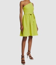 $426 Halston Heritage Women's Green Miley One-Shoulder Fit & Flare Dress Size 12
