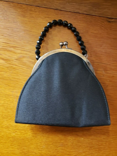 Liz Soto Black Handbag Beaded Handle Floral Front, Snap Close - Picture 2 of 5