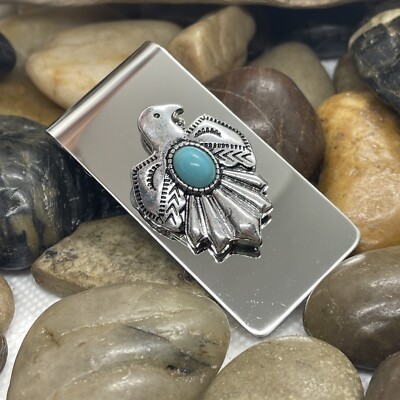 THUNDERBIRD Native American Money Clip Stainless Steel UNIQUE T-Bird Turquoise