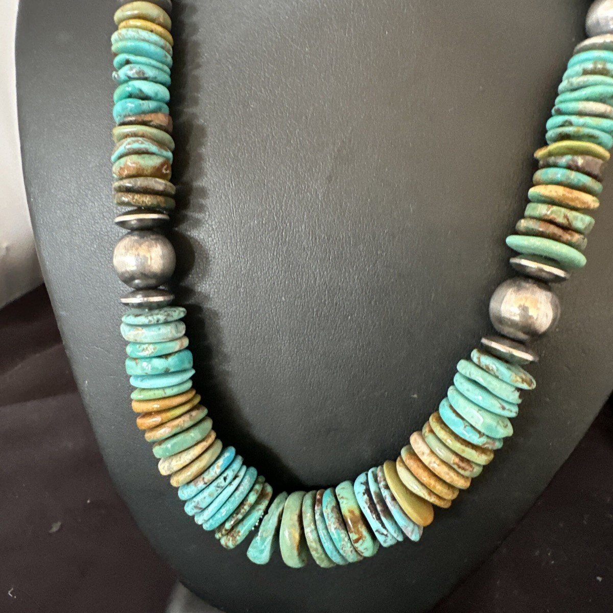 Blue Green Turquoise Navajo Sterling Silver Necklace 21