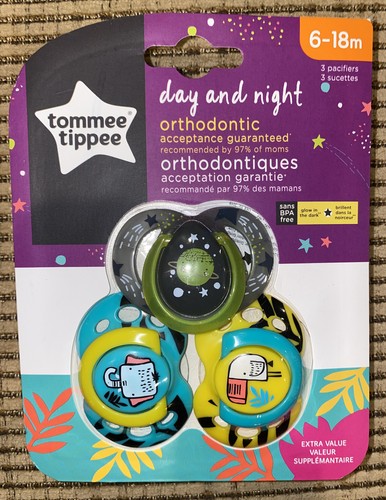 Tommee Tippee 3 Pack (Glow in the Dark) Day Night Orthodontic Pacifiers 6-18 M - 第 1/1 張圖片