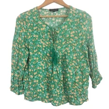 Rachel Zoe Women's Peasant Blouse Top Sz Large Green Floral Tassels Gathered Hem