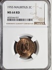Mauritius 2 Cents 1955 NGC MS 64 RD