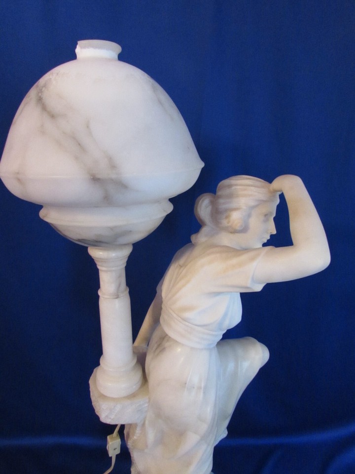 ANTIQUE MARBLE AND ALABASTER HAND CARVED FIGURAL TABLE LAMP STAGGERING