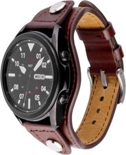 For Samsung Galaxy Watch 3 45mm/Watch 46mm Band Genuine Leather Cuff Strap Black