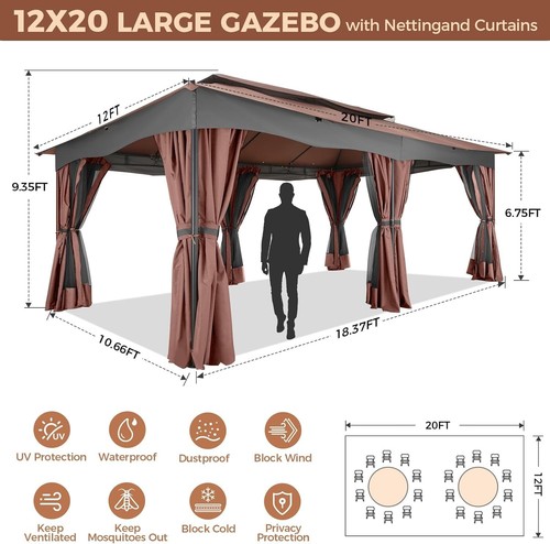 12x20 Outdoor Gazebo with Curtain & Nettings Heavy Duty Patio Tent Metal Frame# - Picture 62 of 95