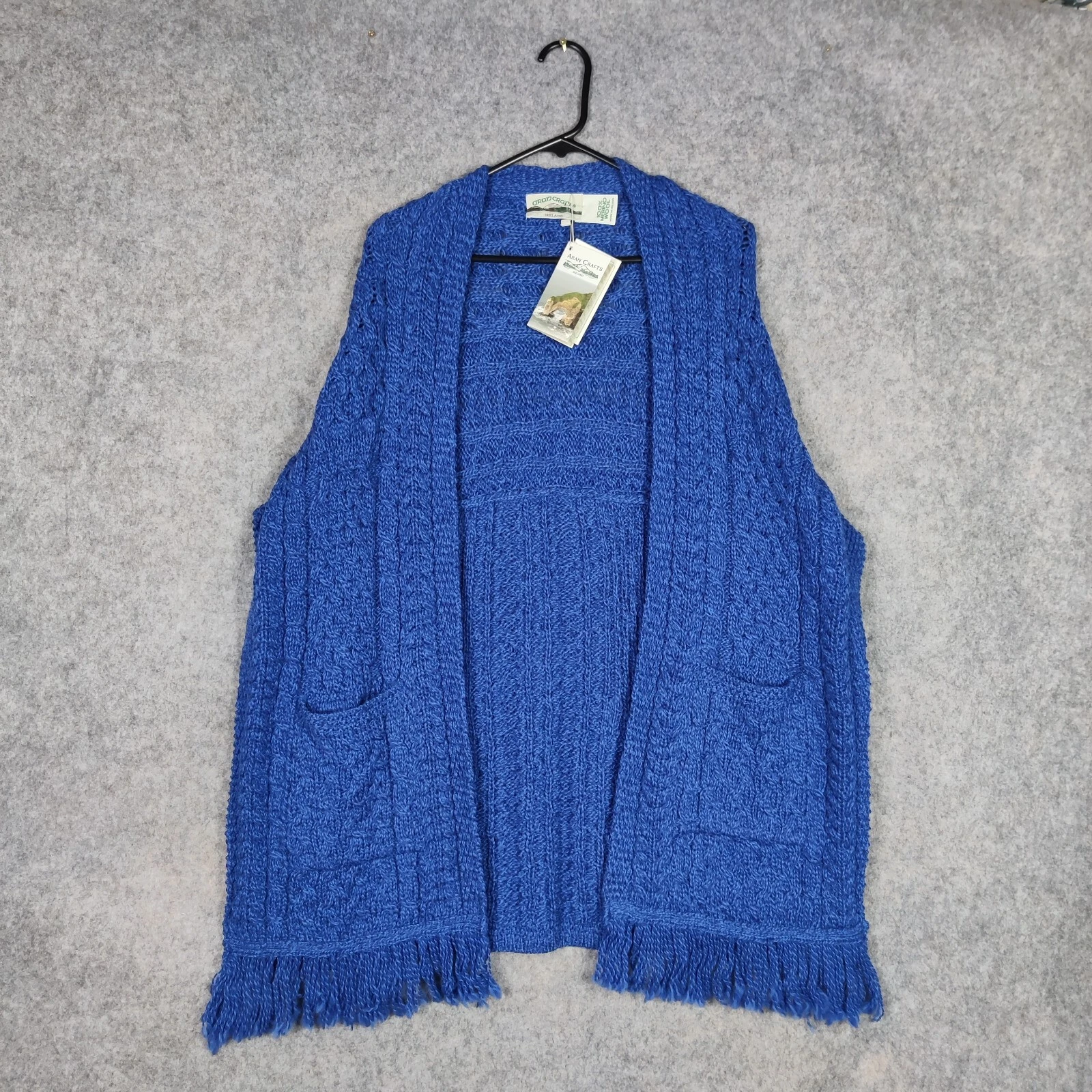 Aran Crafts Poncho Womens Blue Merino Wool Cable Knit Fringed Shawl Ireland OS