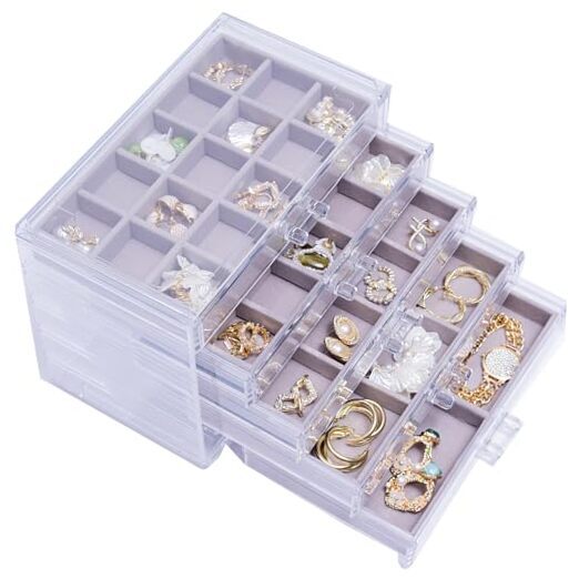Jewelry Organizer With 5 Drawers, Jewelry Box Earring Holder 5 Layers Grey-image