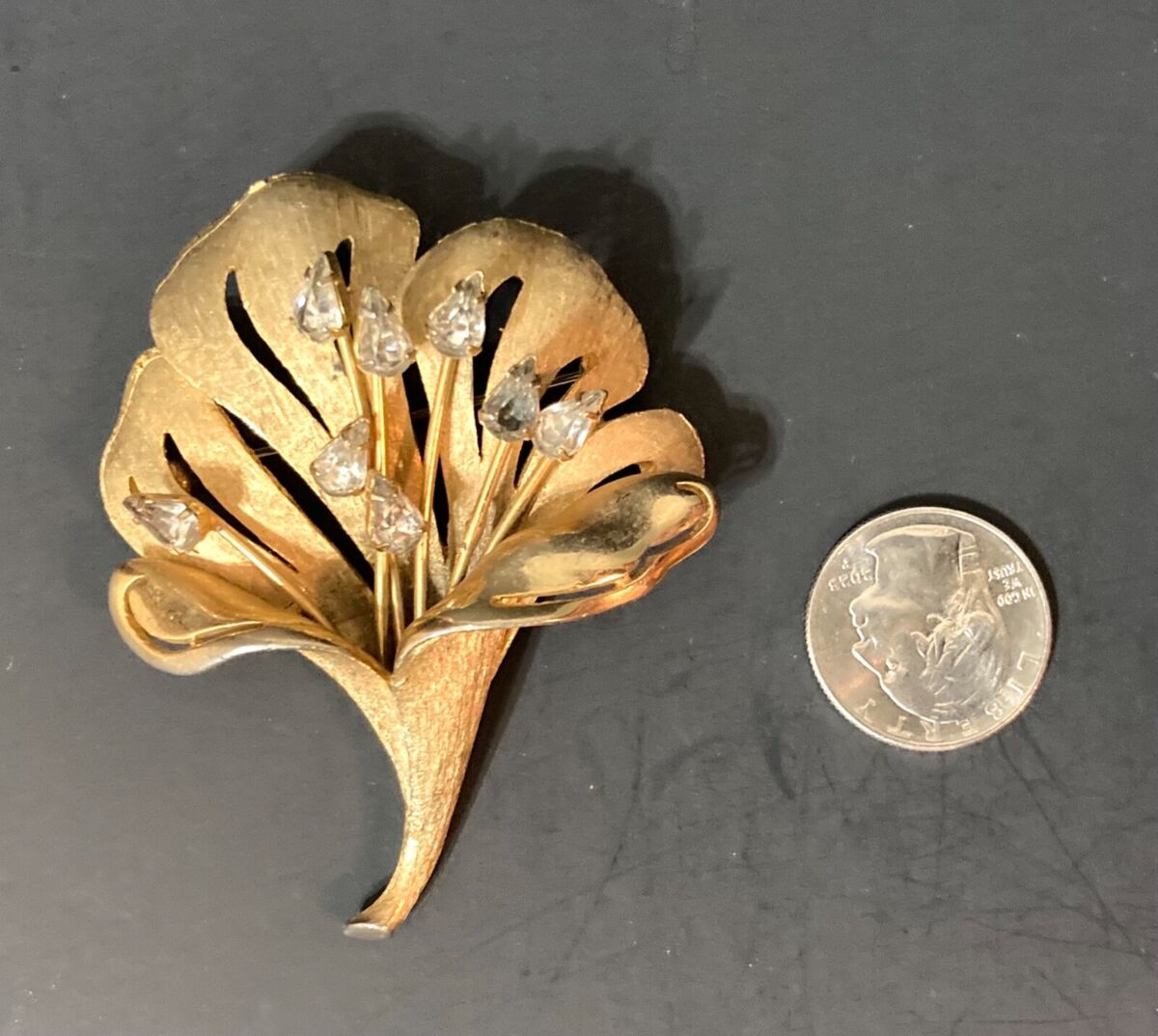 Vintage Kramer Brushed Gold Tone & Rhinestones Flower Brooch Vintage Kramer Brushed Gold Tone & Rhinestones Flower Brooch