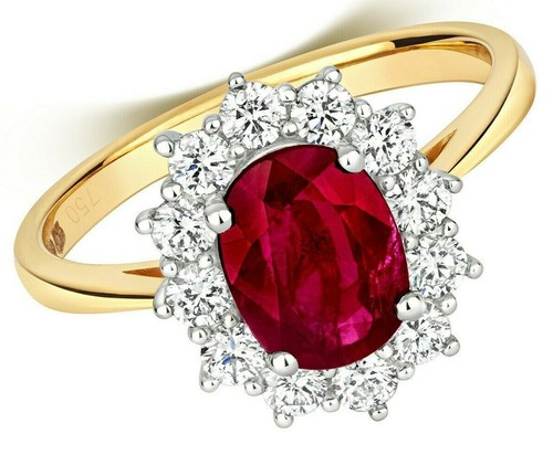 Anillo De Rubí Y Diamante De 18 Quilates De Oro Amarillo Ovalado De Compromiso - Imagen 2 de 5