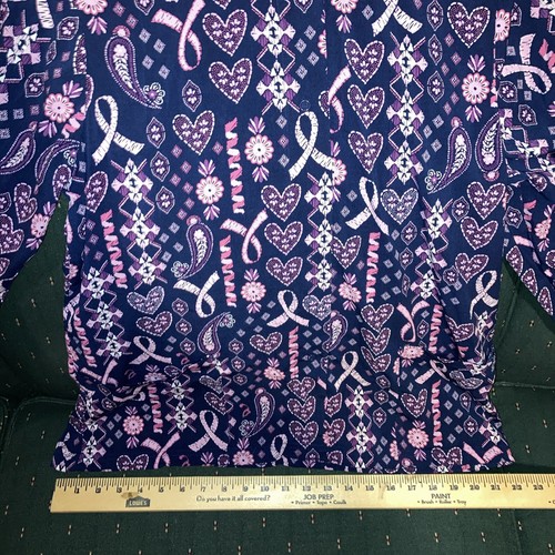 Strictly scrub stretch S long sleeve snap up top pink ribbon blue Hearts Paisley - Picture 6 of 11