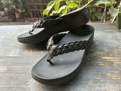 Vionic Kenji~Platform Black Sandals~Braided Thong~Toe Post~sz 9 M~LowWedge~Exclt