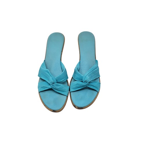 Vintage vegane handgefertigte italienische Keilsandalen Größe 10 aquamarin geknotet offene Zehenpartie Resort - Bild 2 von 11