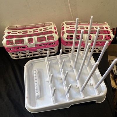 Munchkin High Capacity Bottle Drying Rack W/ 2 Dishwasher Baskets Pink Ex Shape