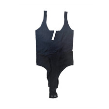 Auri Black Ribbed One Piece Women's Bodysuit M/L Solid Opaque