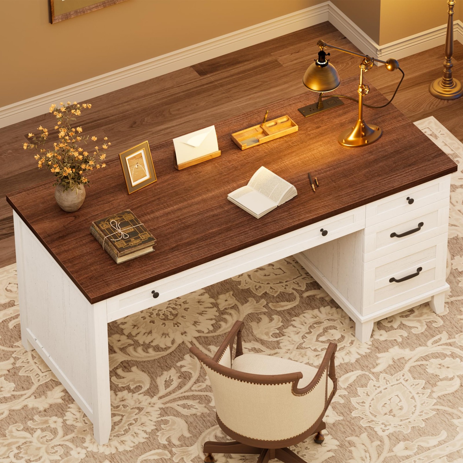 Farmhouse Home Office Desk Executive Office Desk With Drawers & Charging Station alternate view 5