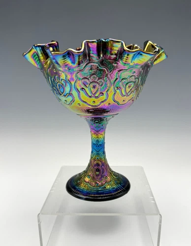 Fenton Amethyst Carnival Glass Footed Compote Candy Dish Persian Medallion