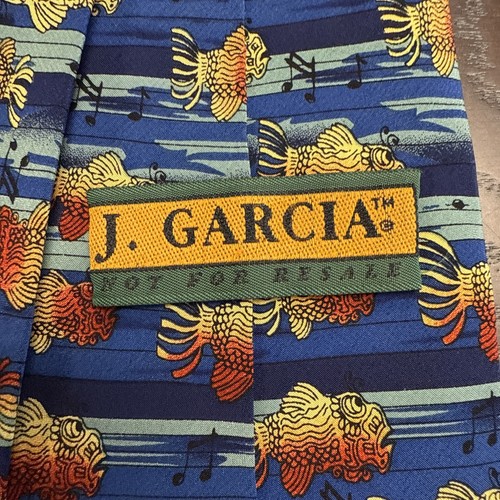 Corbata de cuello Jerry Garcia vintage 100 % seda cosida a mano con temática de peces musicales - Imagen 4 de 5