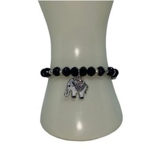 NWT Black Beaded Silver-Tone Rhinestone Elephant Pendant Stretch Bracelet