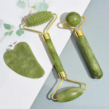 Natural Jade Roller Gua Sha Set Facial Massage Tool Gold Handle Skin Care