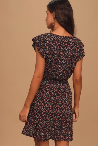 Lulus Kleid Damen Small Mini Wickel Schwarz Rosa Blumen V-Ausschnitt J Medium - Bild 4 von 12