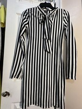 SHEIN Black White Striped Shirt Dress Tie Neck Bow Long Sleeve S