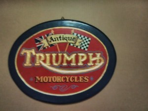 HAND CARVED WOOD TRIUMPH MOTORCYCLE SIGN 14.5" X 11.5" X 1" USED