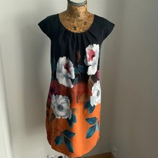 WALLIS DRESS UK 12 Swing Casual Black Orange Floral Day Midi T Shirt Flowers
