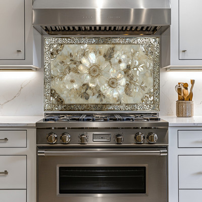 Pearl Flowers Tempered Glass Kitchen Backsplash For Stove Behind, Wall Art Panel