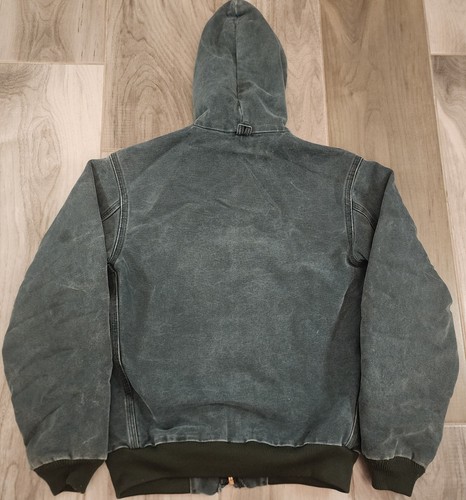 Vintage Carhartt Hooded Duck Canvas Jacket Youth Large Green Faded Quilted 90s - Picture 3 of 13