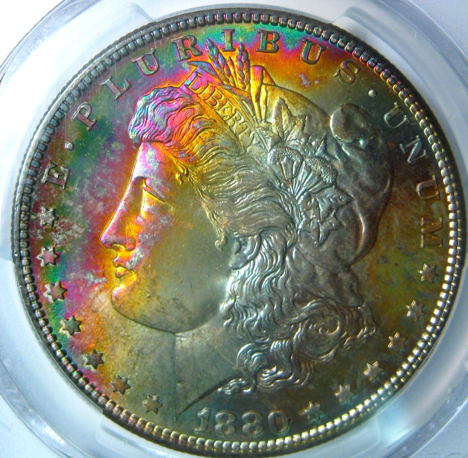 1880-S GEM RAINBOW MORGAN DOLLAR PCGS MS67+ CMQ~COLORFUL OBVERSE RAINBOW TONING*