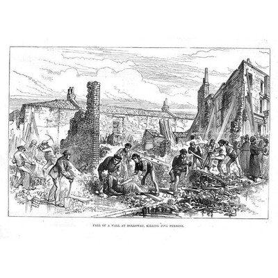LONDON Fall of a Wall at Holloway Killing Five Persons - Antique Print 1886