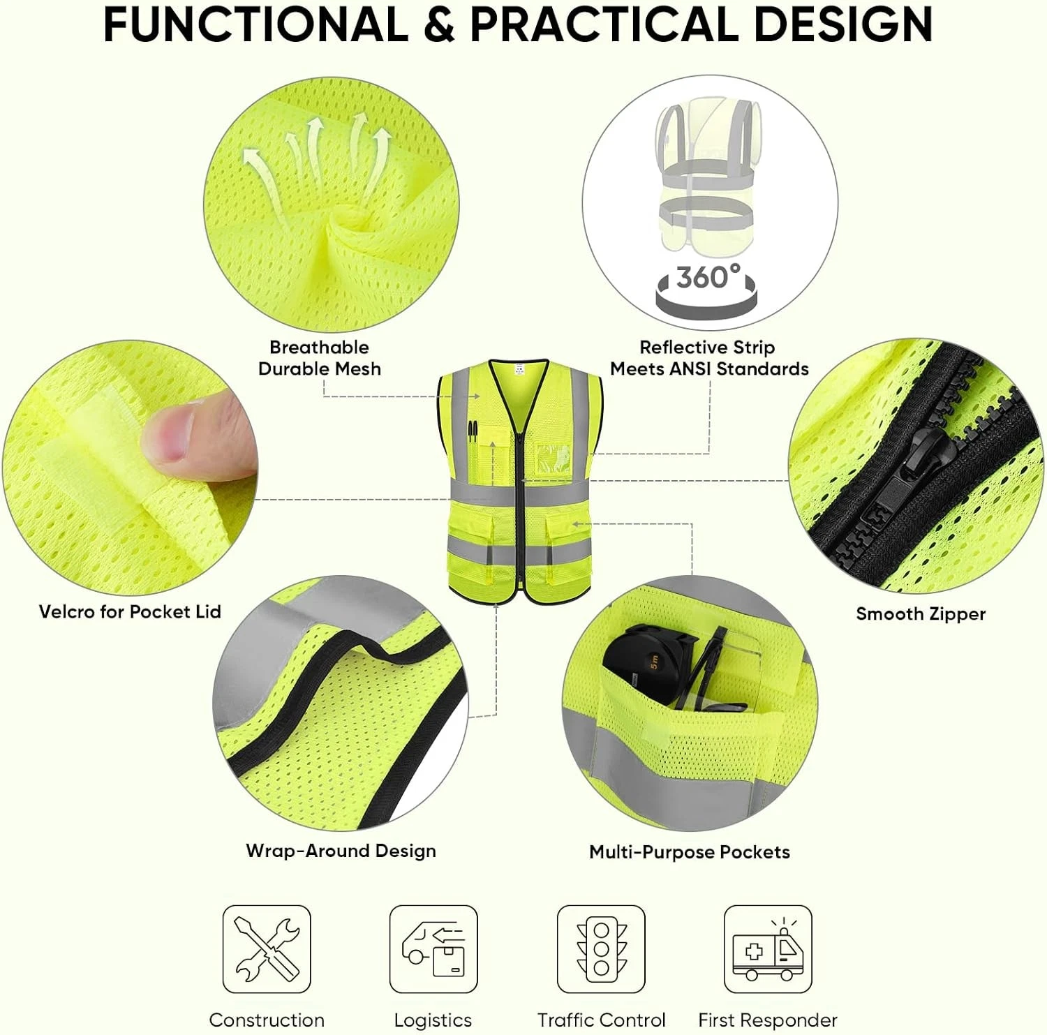 XL Safety Vest -Class 2 High Visibility Reflective Yellow Safety Vest - product detail image 2