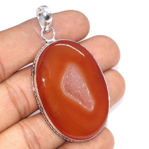 925 Silver Plated Carnelian Onyx Druzy Pendant Jewelry Size 2.3" JW