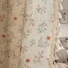 Boho Floral Spring Semi Sheer Curtains 84 Inch Length 2 Panels Set, Linen Tex...