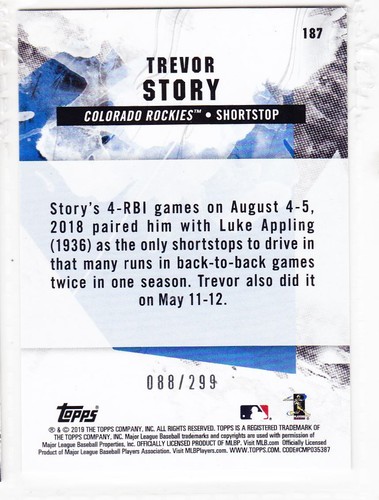 2019 Topps Fire Trevor Story Orange /299 299 Colorado Rockies #187 - Picture 2 of 2