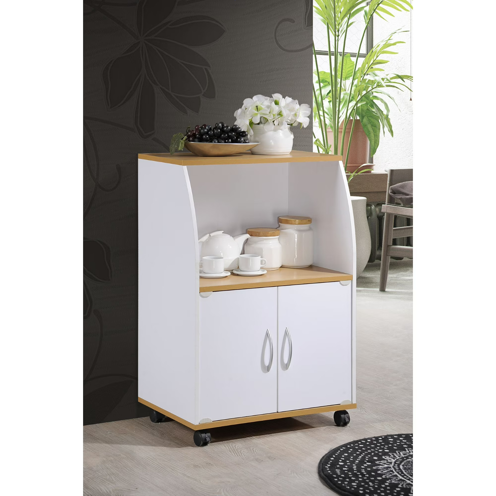 Hodedah Modern Wooden Microwave Kitchen Cart in White Finish