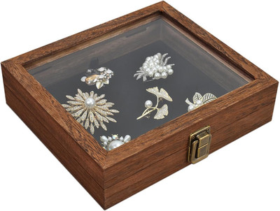 Tempered-Glass Top Small Wooden Jewelry Display Case with Removable Black Luxuri