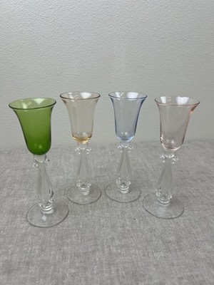 Vtg Set of 4 Cambridge Colored Cordial Glasses 5.5'' Green Blue Pink Liquor Rare