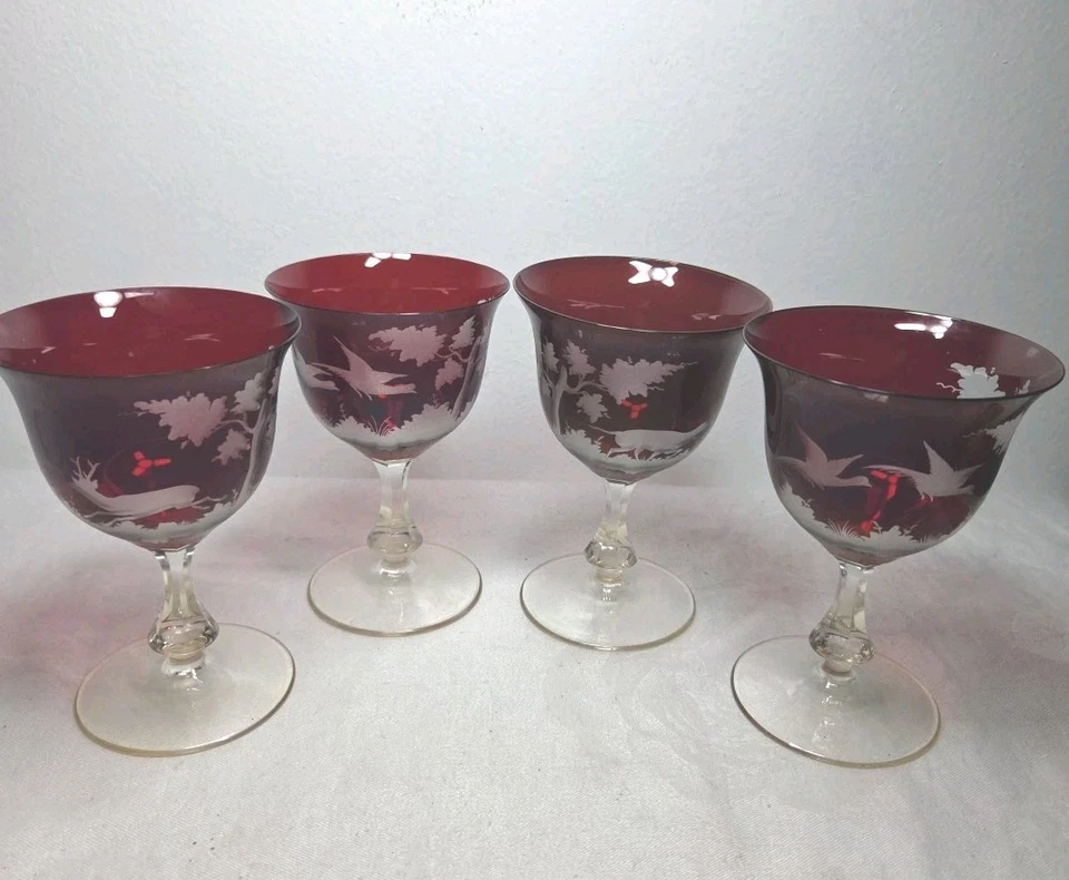 Beautiful Set Of 4 Ruby Red Cocktail Glasses With Etched Scenery  - Image 2 of 4